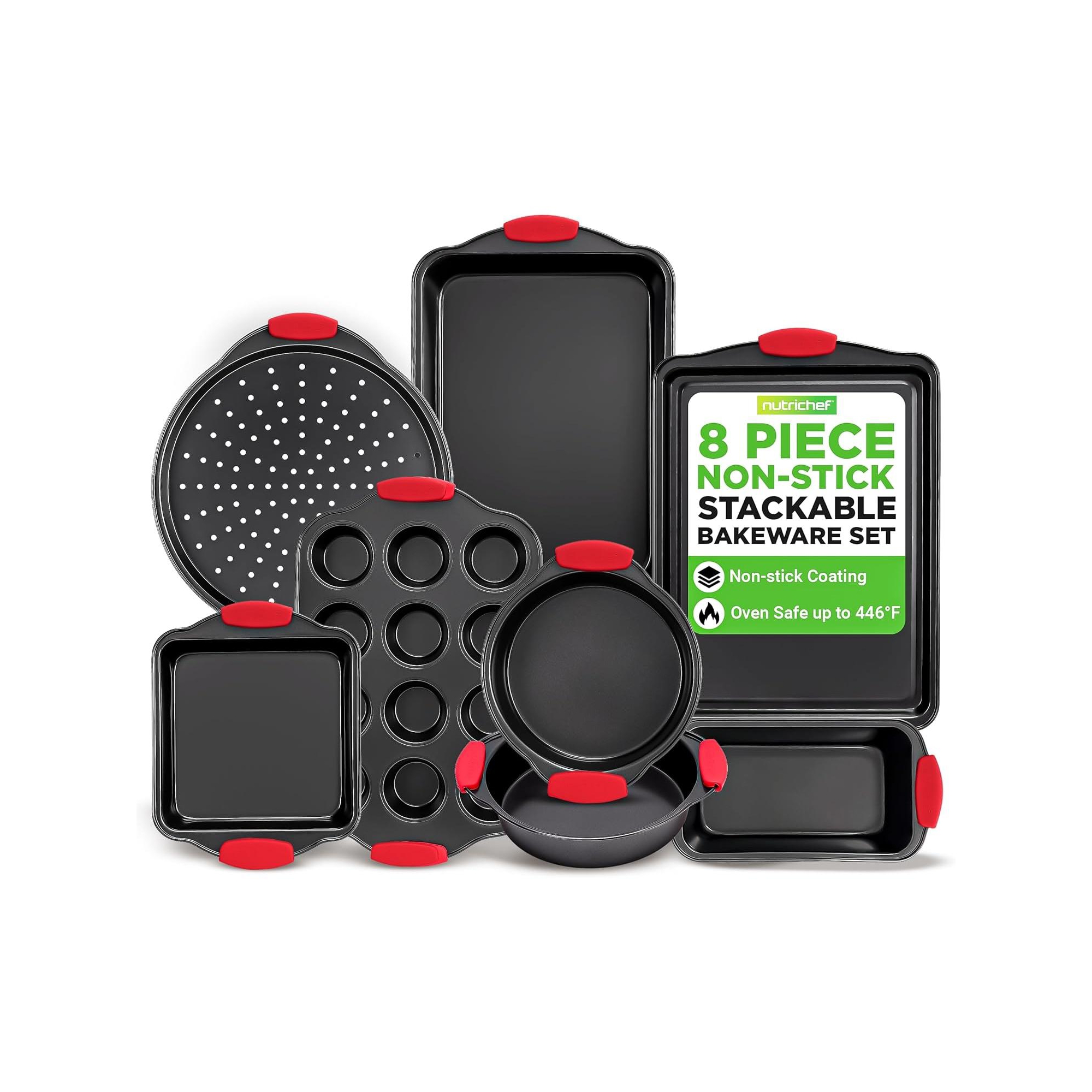 NutriChef 8-Piece Nonstick Carbon Steel Bakeware Set with Red Silicone Handles