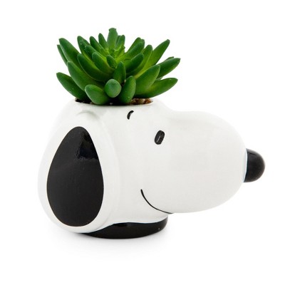 Silver Buffalo Peanuts Snoopy Face Ceramic Mini Planter with Artificial Succulent | 3.5"L x 5" H x 5" W