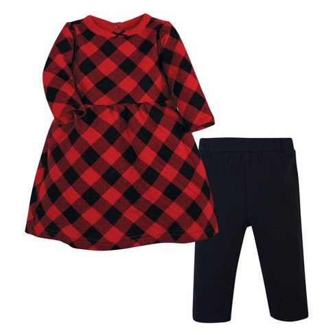 Hudson Baby Infant Girl Quilted Cotton Dress and Leggings, Buffalo Plaid,  0-3 Months