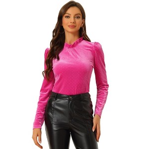 INSPIRE CHIC Women's Metallic Shiny Dots Ruffle Neck Long Sleeve Vintage Velvet Blouse - 1 of 4