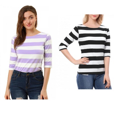 Allegra K Women's Casual Basic Elbow Sleeves Boat Neck Slim Fit T-Shirts 2 Packs