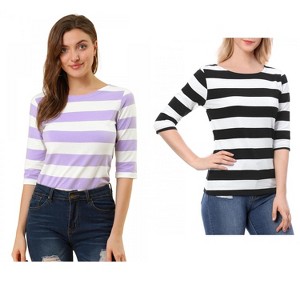 Allegra K Women's Casual Basic Elbow Sleeves Boat Neck Slim Fit T-Shirts 2 Packs - 1 of 4