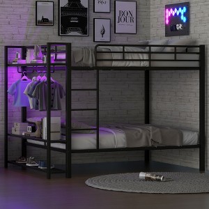 Full Size Metal Bunk Bed with Storage Mesh Shelves and Clothes Hooks - 1 of 4