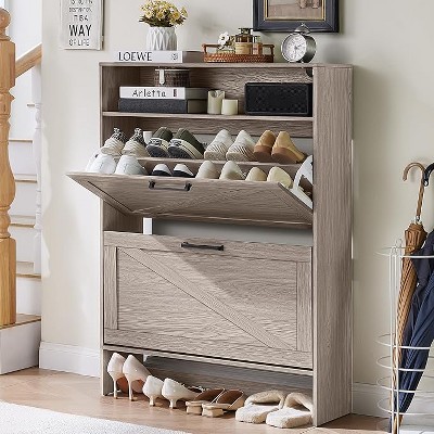 Gericco Shoe Storage Cabinet with 2 Flip Drawers,Farmhouse Narrow Shoe Organizer with Legs,Freestanding Hidden Slim Shoe Rack Cabinet