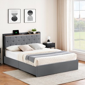 Full-size velvet bed frame with four storage drawers and USB charging station, suitable for the bedroom. - 1 of 4
