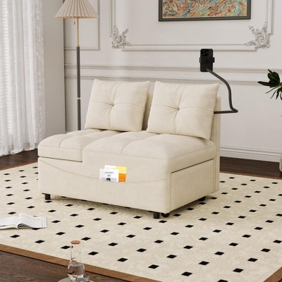 SKRAN versatile foldable sofa bed , modern sofa velvet pull-out bed, loveseat sofa adjustable back and with USB port and swivel phone stand,BEIGE