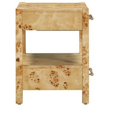 Contemporary White Burl Acacia Nightstand with Brass Accents