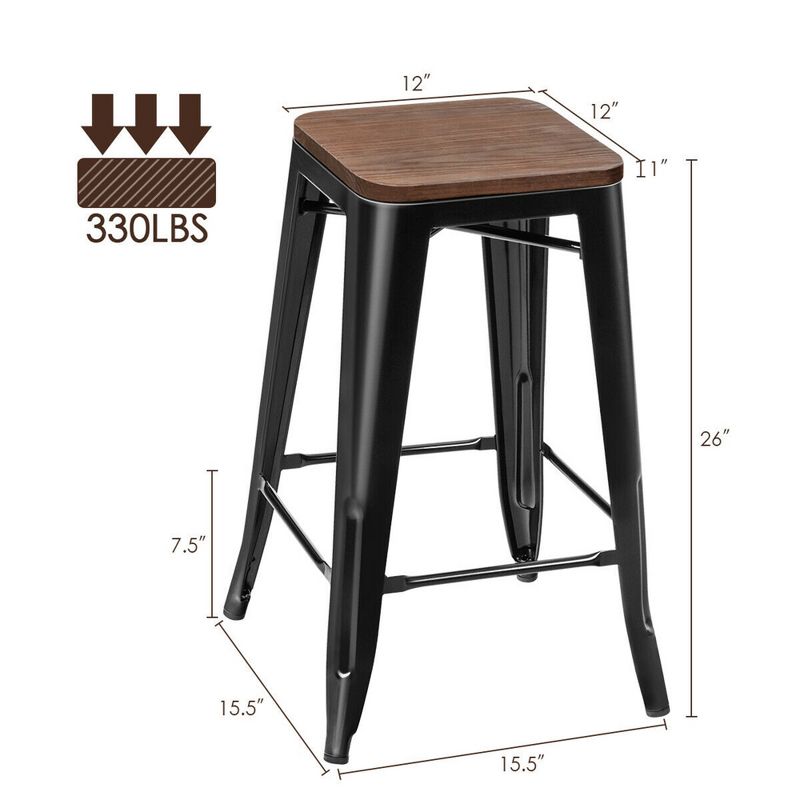 Costway Set of 4 Counter Height Backless Barstool 26'' Metal Stackable Stool w/Wood Seat, 3 of 13