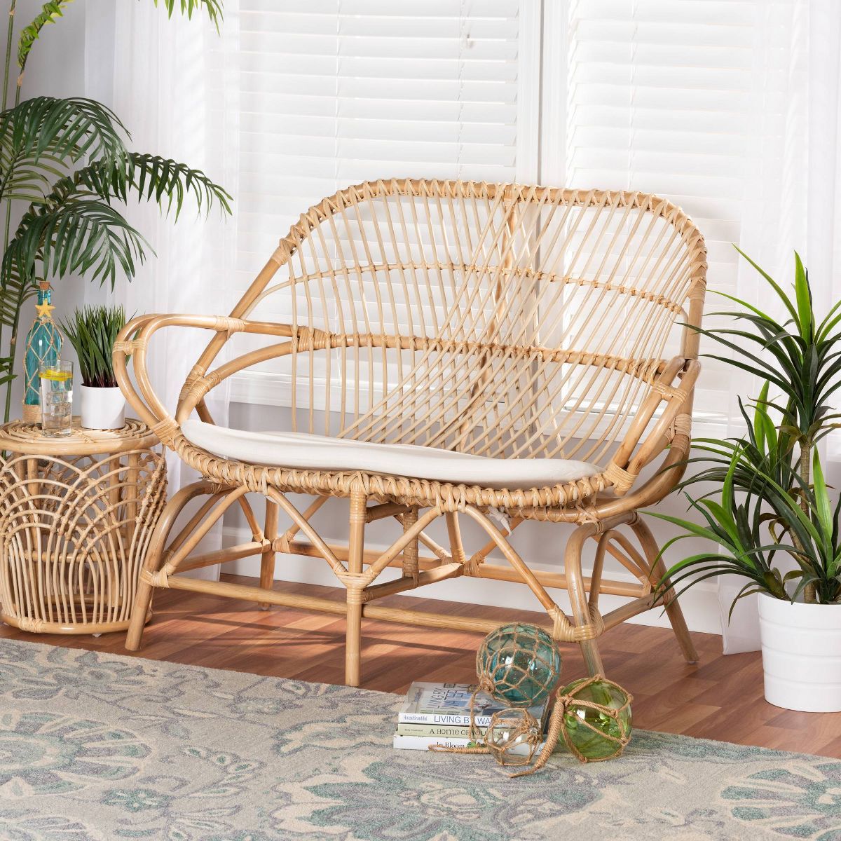 Jayden Fabric Upholstered and Rattan Loveseat White/Brown - bali & pari - thumbnail 8