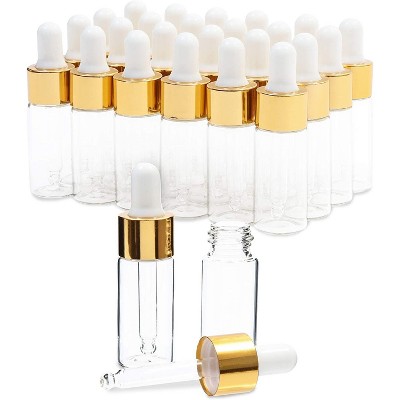 24 Pack 0.3oz Clear & Gold Glass Bottles with Glass Droppers for Beauty, Essential Oils and Perfumes