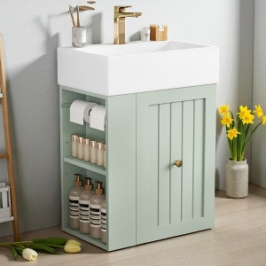 Mshliw 20" Wall-Mounted Bathroom Vanity with Ceramic Sink, Drawer & Side Shelf, Golden Handle, Space-Saving Modern Floating Cabinet - 1 of 4