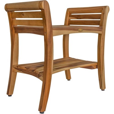 24" Symmetry ED930 Wide Teak Shower Bench with Handles - EcoDecors: Rectangle Teakwood Bathroom Stool, 250lb Capacity
