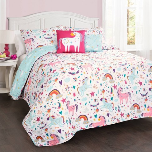 5pc Full Queen Unicorn Heart Bedding Set With Unicorn Throw Pillow