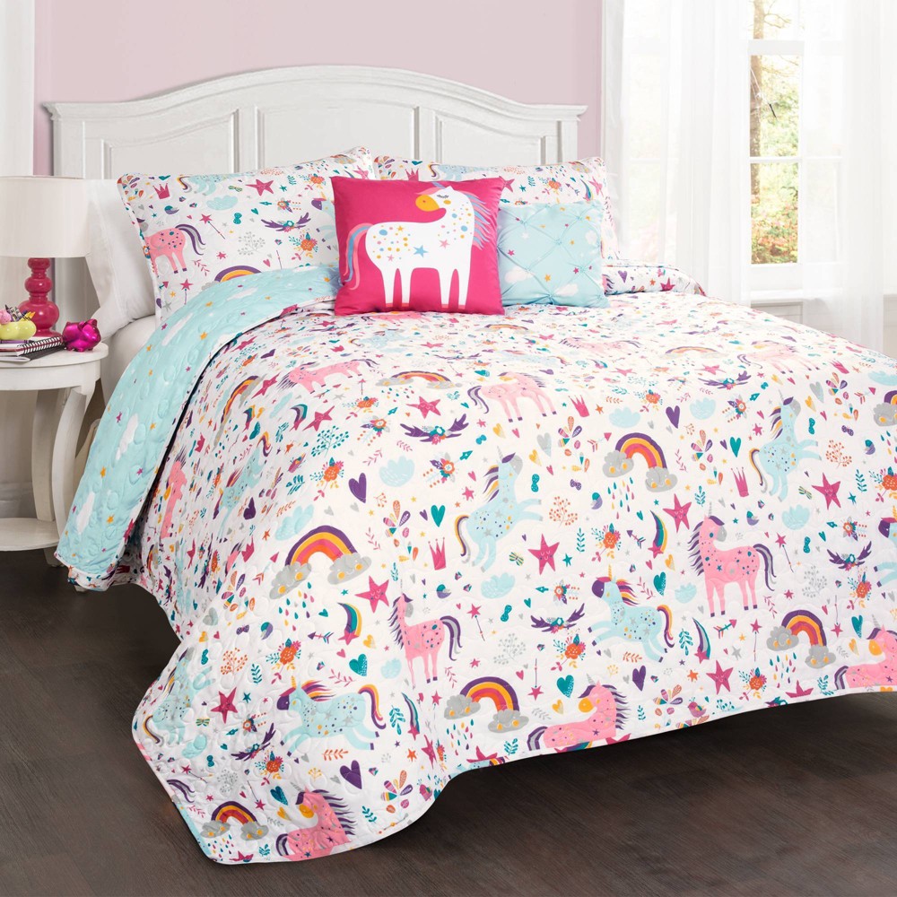 Condition photo showing New/Like New for 5pc full/queen reversible unicorn heart bedding set with unicorn kids' throw pillow white - lush décor