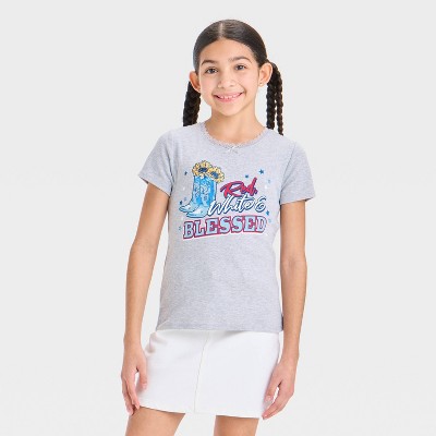 Girls' 4th of July Western Pointelle Short Sleeve T-Shirt - Heather Gray