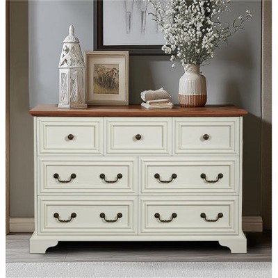 SKRAN Farmhouse 7 Drawers Dresser, Rustic Chest of Drawers, Vintage Design,Storage Dressers Organizer for Bedroom,Living Room, Hallway,Antique White