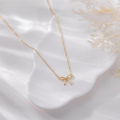 Attop Bow Necklace 14K Dainty Gold Necklace Cute Small Tiny Bow Pendant Choker Chain Necklace
