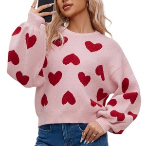 Clearlove Women's Valentine's Day Cute Heart Sweater Crew Neck Long Sleeve Pullover Sweaters - 1 of 4