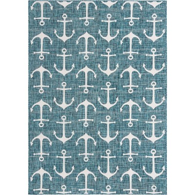 Teal and Ivory Synthetic Rectangular Outdoor Coastal Area Rug