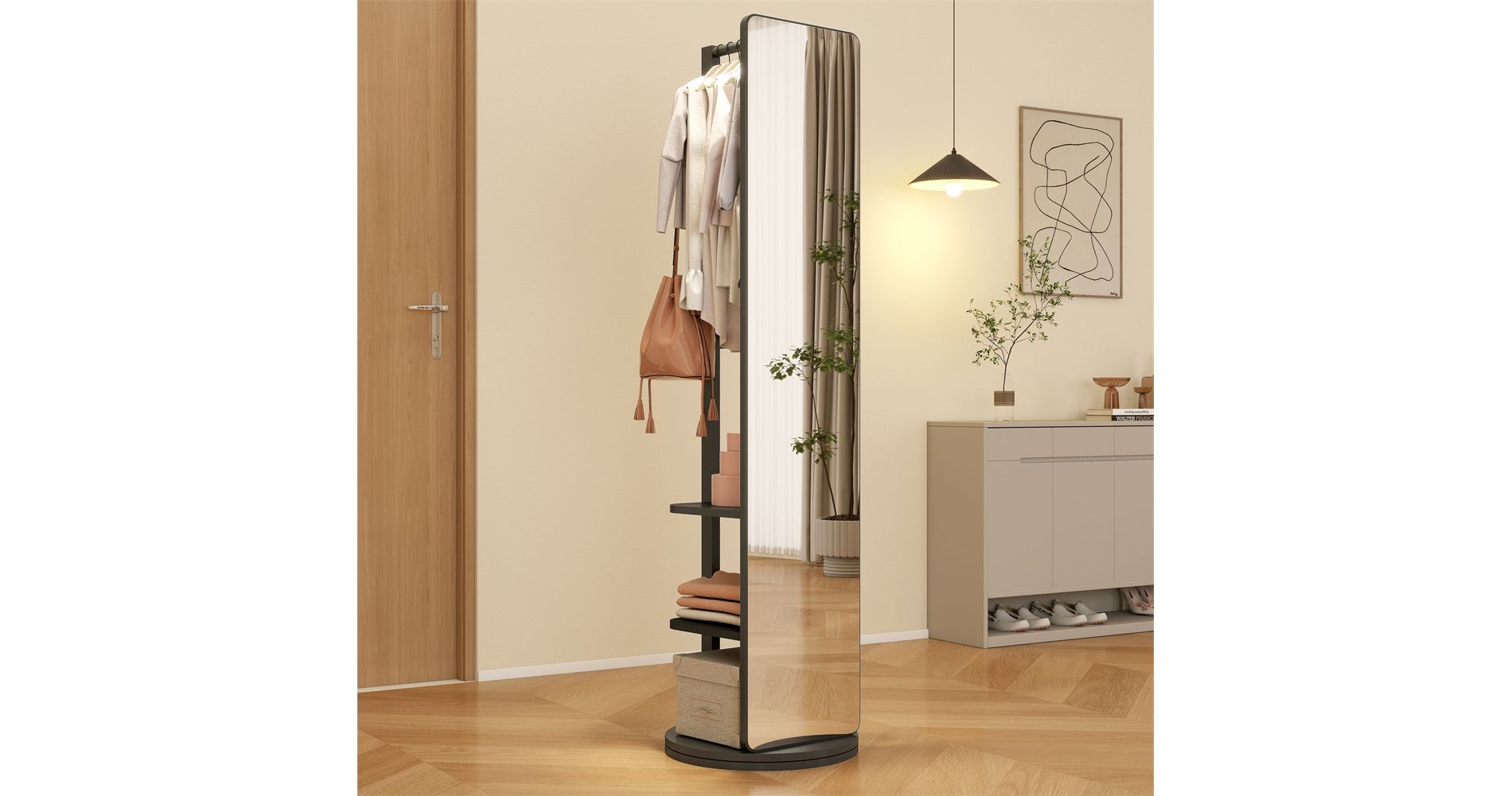 2-In-1 Full Length Wooden Floor Mirror with Integrated Coat and Clothes Rack—Modern Standing Mirror for Bedroom, Entryway, or Living Room