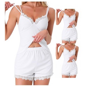 INSPIRE CHIC Women 2 Pcs Lounge Set Sleeveless Lace Spaghetti Strap Ribbed Pajama Sets - 1 of 4