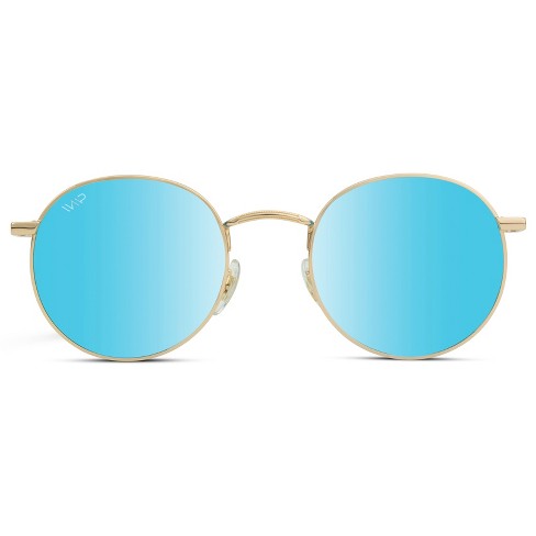 WMP Eyewear Trendy Round Metal Frame Polarized Sunglasses - Gold  Frame/Mirror Blue Lens