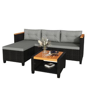 Heynemo 3-Piece Patio Furniture Set, All-Weather PE Rattan Outdoor Sectional with Storage Table, L Shape Outdoor Couch with Cushions - 1 of 4
