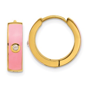 Chisel Stainless Steel Polished Yellow IP-plated with Pink Enamel and Cubic Zirconia 5mm Hinged Hoop Earrings - 1 of 4