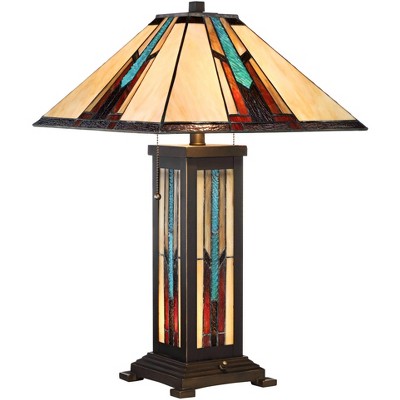 Robert Louis Tiffany Mission Style Table Lamp with Table Top Dimmer and Night Light Bronze Stained Glass for Living Room Bedroom