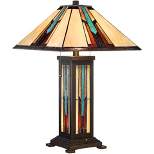 Robert Louis Tiffany Mission Style Table Lamp with Table Top Dimmer and Night Light 25" High Bronze Stained Glass for Living Room Bedroom