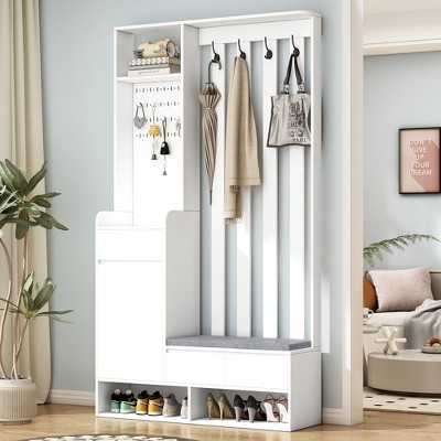 39''W 6 in 1 Modern Hall Tree Coat Rack Multifunctional Hallway Shoe Cabinet with Cushioned Storage Bench, Pegboard and Drawers-ModernLuxe