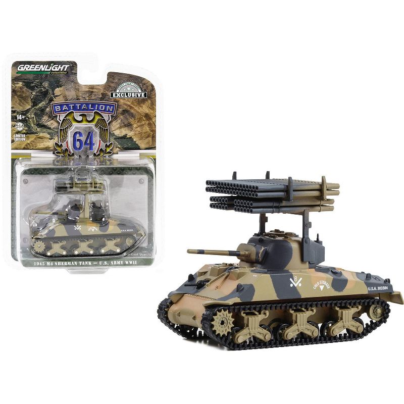 1945 M4 Sherman Tank United States Army "Battalion 64 - Hobby Exclusive" Series 1/64 Diecast Model by Greenlight, 1 of 4
