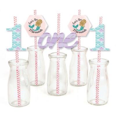 Big Dot of Happiness 1st Birthday Let's Be Mermaids - Paper Straw Decor - First Birthday Party Striped Decorative Straws - Set of 24