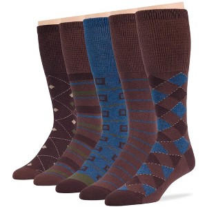 Men Diabetic Non-Binding Cotton Socks - Mid Calf - Patterned Solid 5 Pack Large/XL - Black, Brown, Dark Grey, Khaki | 7BIGSTARS KINGDOM - 1 of 4