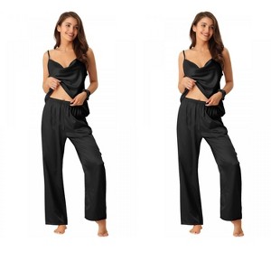 INSPIRE CHIC Women's 4 Pcs Satin Sleepwear Cowl-Neck Cami & Long-Pant Silky Loungewear Set - 1 of 4