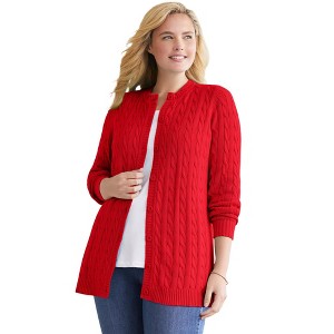 Woman Within Plus Size Cotton Cable Knit Cardigan Sweater - 1 of 4
