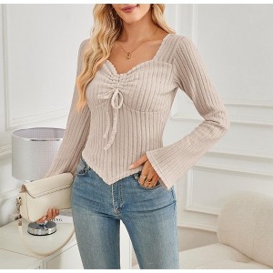 Women Tops Knit Sweetheart Neckline Front Drawstring Ribbed Cropped Long Sleeve Tee Pullover - 1 of 3