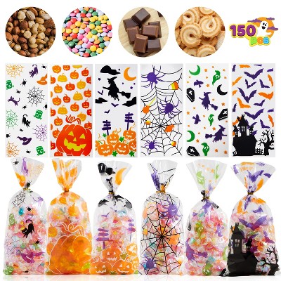 Joyfy 150Pcs Halloween Cellophane Rectangle Treat Bags,Halloween Decorations in 6 Design,Clear Candy Cookie Bag for Kids Classroom Party Supplies