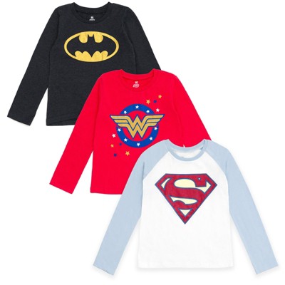 DC Comics Justice League Batman Superman Wonder Woman Girls 3 Pack Long Sleeve T-Shirts Little Kid to Big