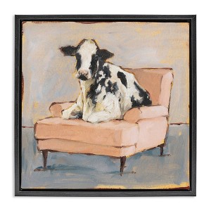 Stupell Industries Baby Cow on Pink Couch Floating Frame Canvas Art - 1 of 4