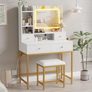 Makeup Vanity Desk with Mirror, Vanity Desk with Lights in 3 Colors, Girls Vanity Table with Charging Station, 4 Drawers - 1 of 4