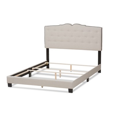 Light Beige Upholstered Full Bed with Tufted Headboard and Drawers