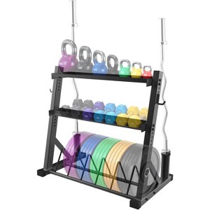 3 Tier Barbell Storage Rack, 1000 LB Capacity Dumbbell & Kettlebell Stand with Adjustable Height, Black - 1 of 4
