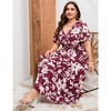 Women Plus Size Maxi Dress V Neck Summer Dress Short Sleeve Long Dress High Waist Ruffle Casual Dress with Belt, Wine Red White Floral, 4XL - 3 of 4