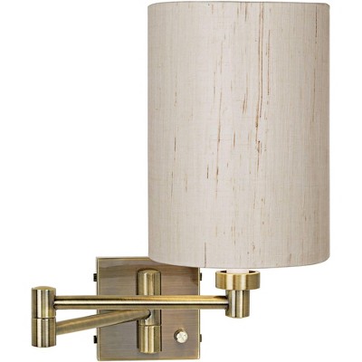 Barnes and Ivy Modern Swing Arm Wall Lamp Dark Antique Brass Plug-In Light Fixture Ivory Linen Cylinder Shade for Bedroom Bedside