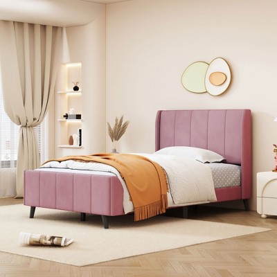 CAVINAS Twin Bed Frame with Headboard, Velvet Upholstered Platform Bed, Easy Installation, Pink