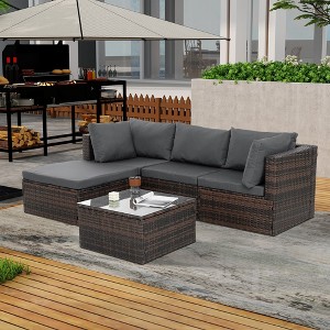 5pcs Outdoor Patio Furniture Set, Sectional Sofa Furniture With Conor Seat Chairs, Single Sofa, Ottoman, Coffee Table, Seasonal PE Wicker Furniture - 1 of 4