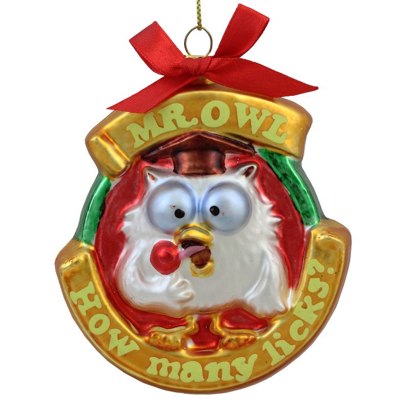 NORTHLIGHT 3.5" Candy Lane Tootsie Roll Pop Original "Mr. Owl" Glass Christmas Ornament - White/Red, 1 of 5