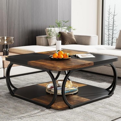HTUTWOO 39” Square Coffee Table With 2 Tiers, Modern Farmhouse Coffee Table With Wood Storage Shelf Metal Curved Frame For Living Room
