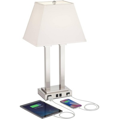 Brushed Nickel Table Lamp with USB and White Linen Shade
